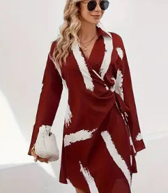 Brush Print Dress, Casual surplice Neck Long Sleeve Dress, Women's Clothing