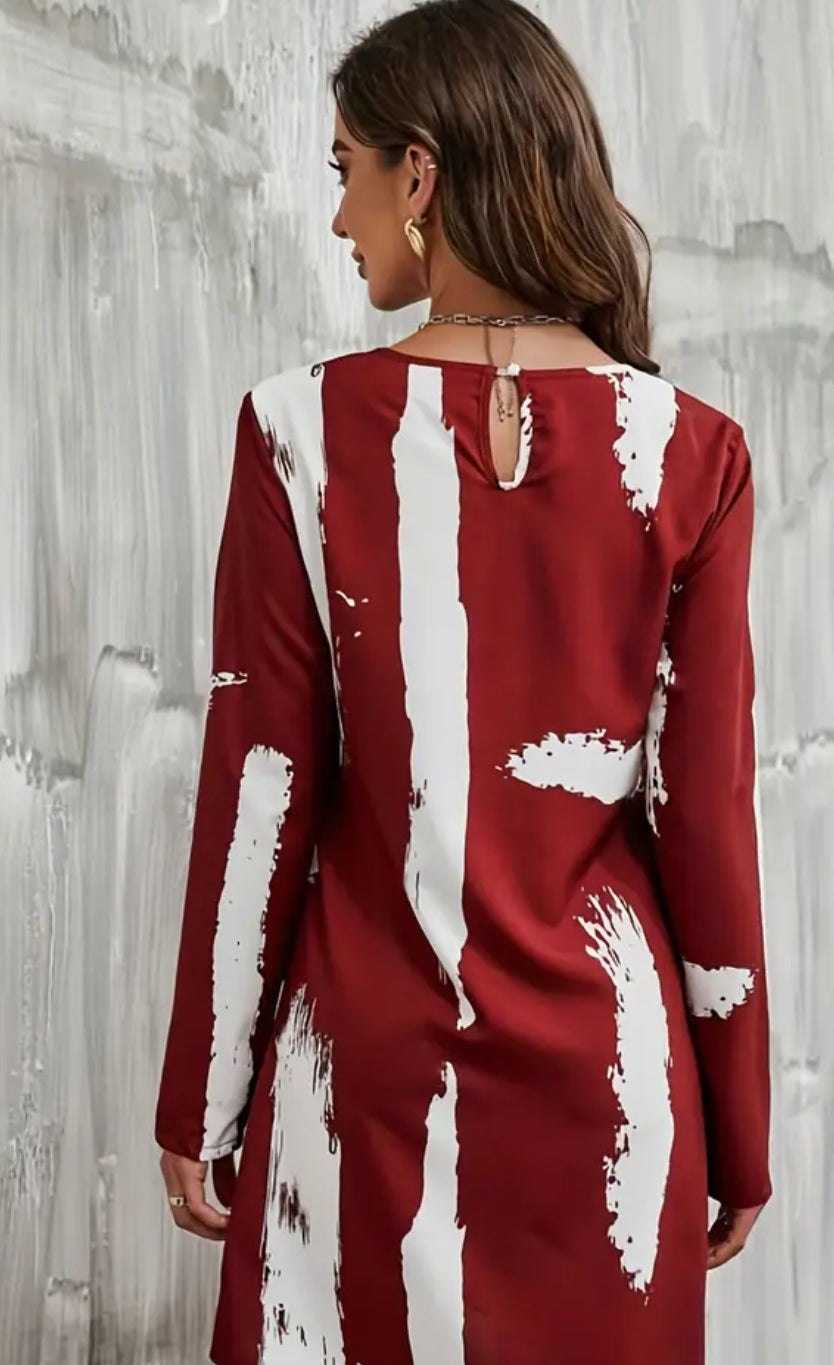 Brush Print Dress, Casual surplice Neck Long Sleeve Dress, Women's Clothing